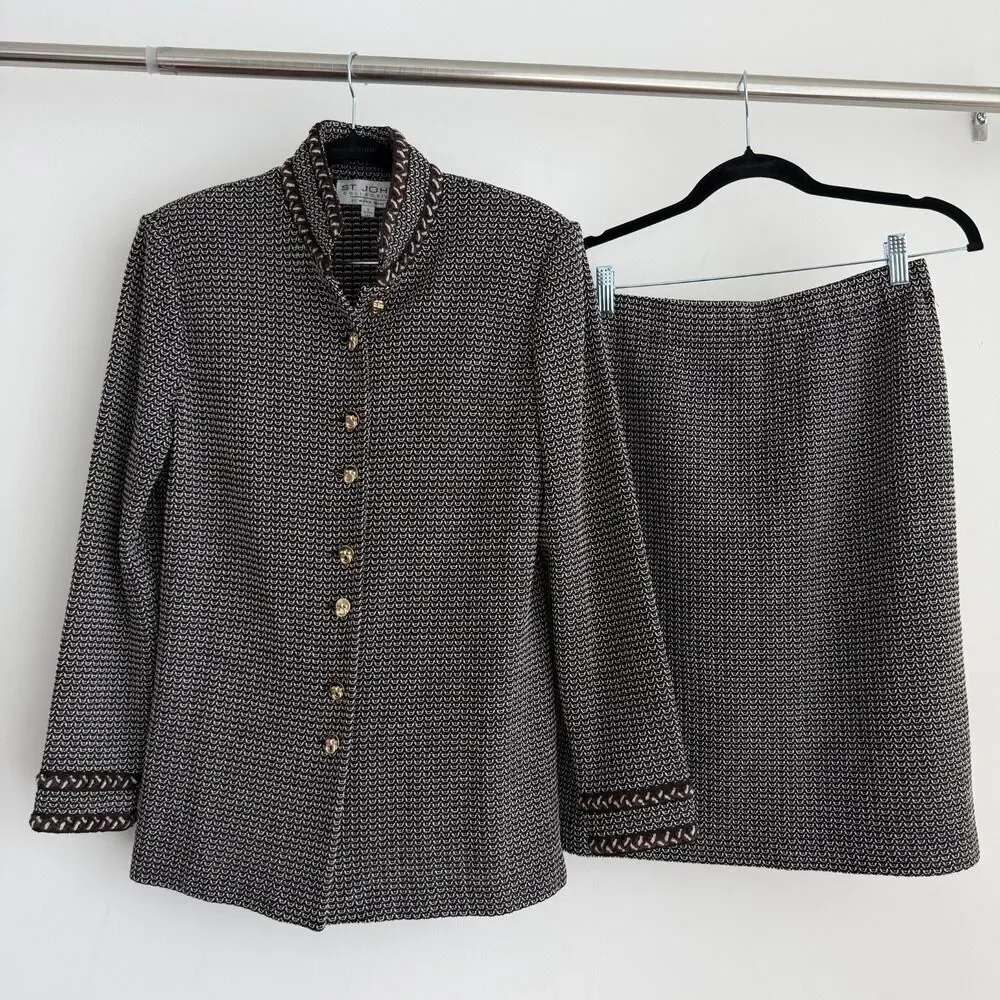 St John Skirt Jacket‎ Suit 4 and 6 Brown Textured Knit Career Elegant Military